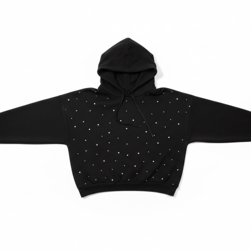 NWT Green Goddess Black Rhinestone & Pearl Embellished Cropped Hoodie - Size L